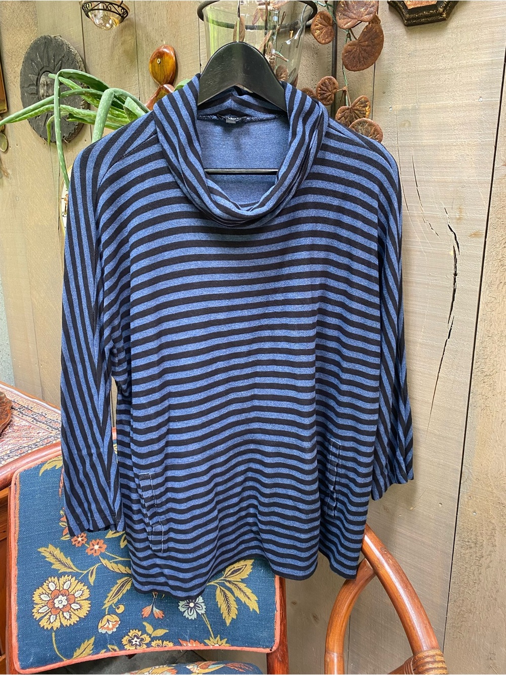 Striped Talbots Blue and Black Cowl Neck Top